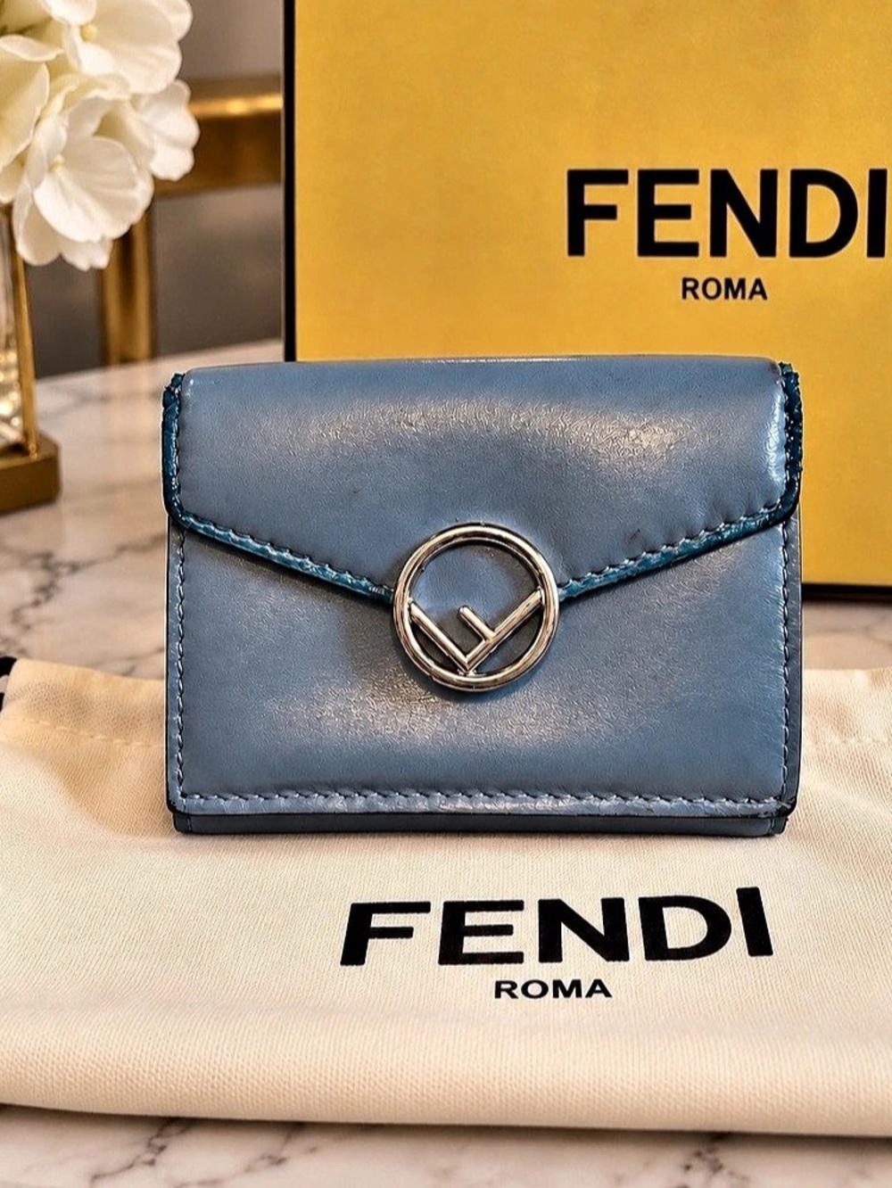 Fendi Blue Leather Compact Wallet Silver FF Logo